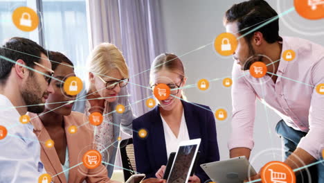 collaborating in office, diverse business team engaging with digital animation overlay