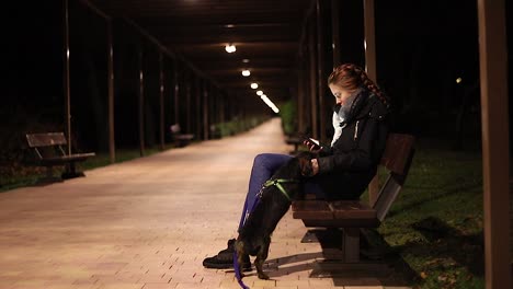 Mujer-Joven-Con-Un-Perro-Feliz-Mirando-Su-Teléfono-Inteligente-Por-La-Noche-En-Un-Parque