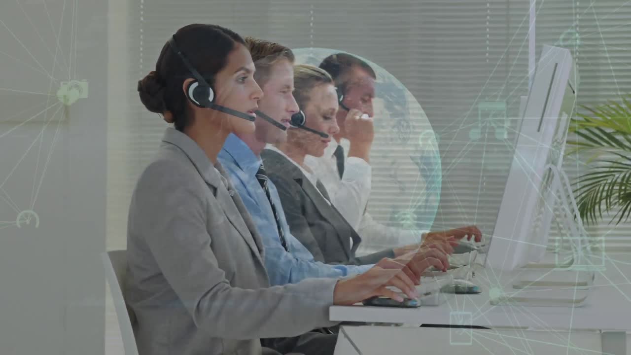 animación de la red de conexiones con iconos sobre personas de negocios que usan auriculares telefónicos