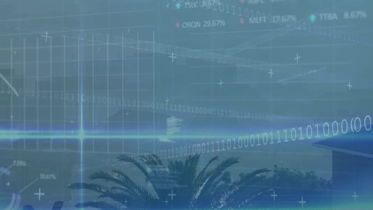 Animazione di un tabellone di trading, codici binari e linguaggio informatico su edifici moderni.