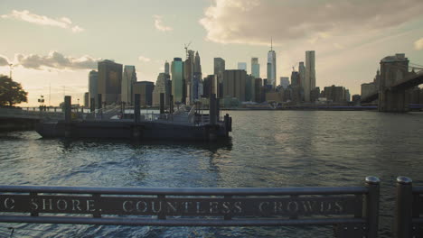 gimbal shot of lower manhattan waterfront at sunset