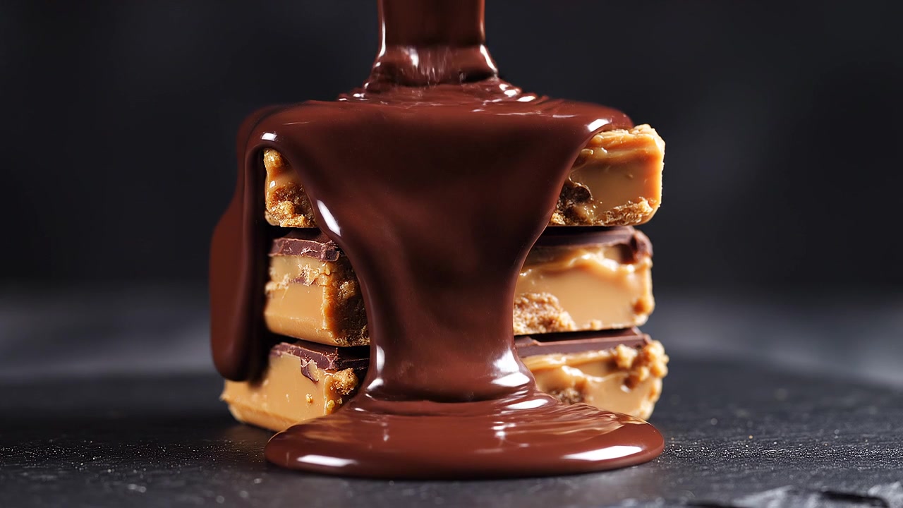 Pila di barrette di biscotto al caramello con una ricca colata di cioccolato fuso
