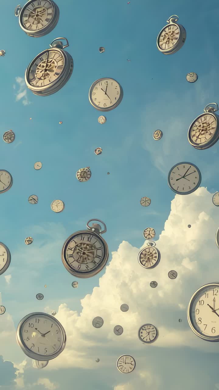 Vertical video: Appearing watches and clocks floating and rotating across open sky, suggesting time