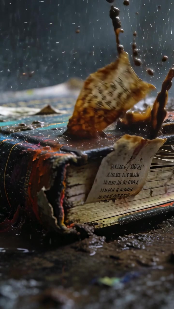 Вертикальное видео: Книга в твердом переплете намокает от брызг дождя на грязной земле, бумага рвется.