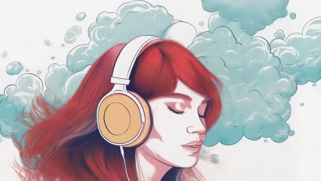 redhead woman enjoying music with headphones, surrounded by stylized clouds on a white background, creating a dreamy and immersive atmosphere