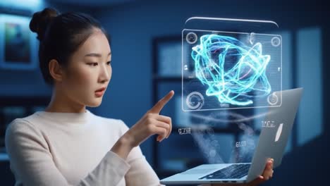 a young woman interacting with a futuristic interface on a laptop, displaying dynamic visuals and data representations in a tech-driven environment