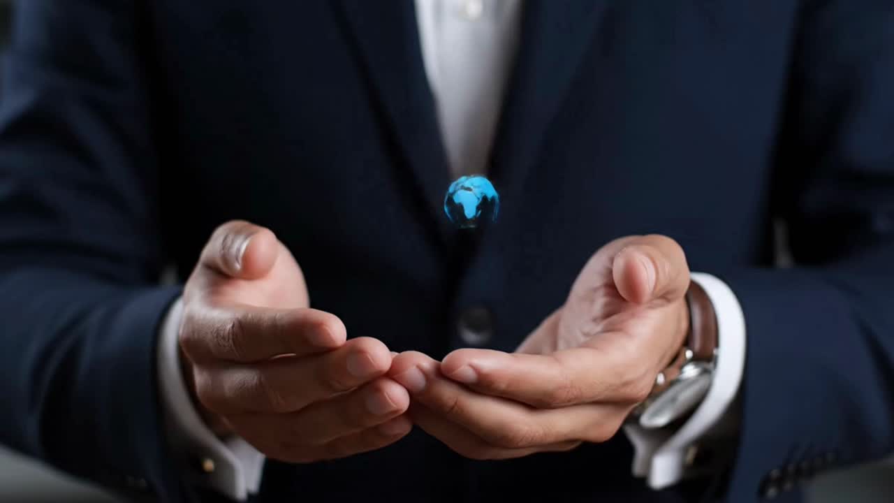 Businessman hands holding glowing global network connection hologram