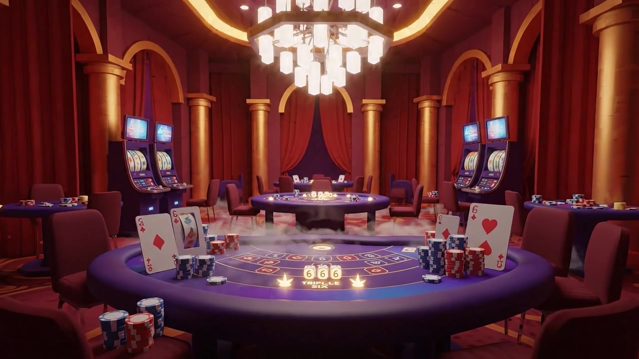 Una cautivadora escena de casino con dados en una mesa de ruleta y una intrigante apuesta de triple seis, rodeada de un ambiente lujoso con máquinas tragaperras.