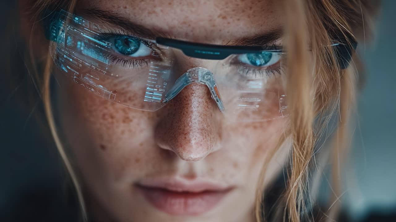 A Close-Up of a Futuristic Tech Visionary Wearing Innovative Smart Glasses, Showcasing Digital Interfaces and Captivating Blue Eyes with an Intense Gaze