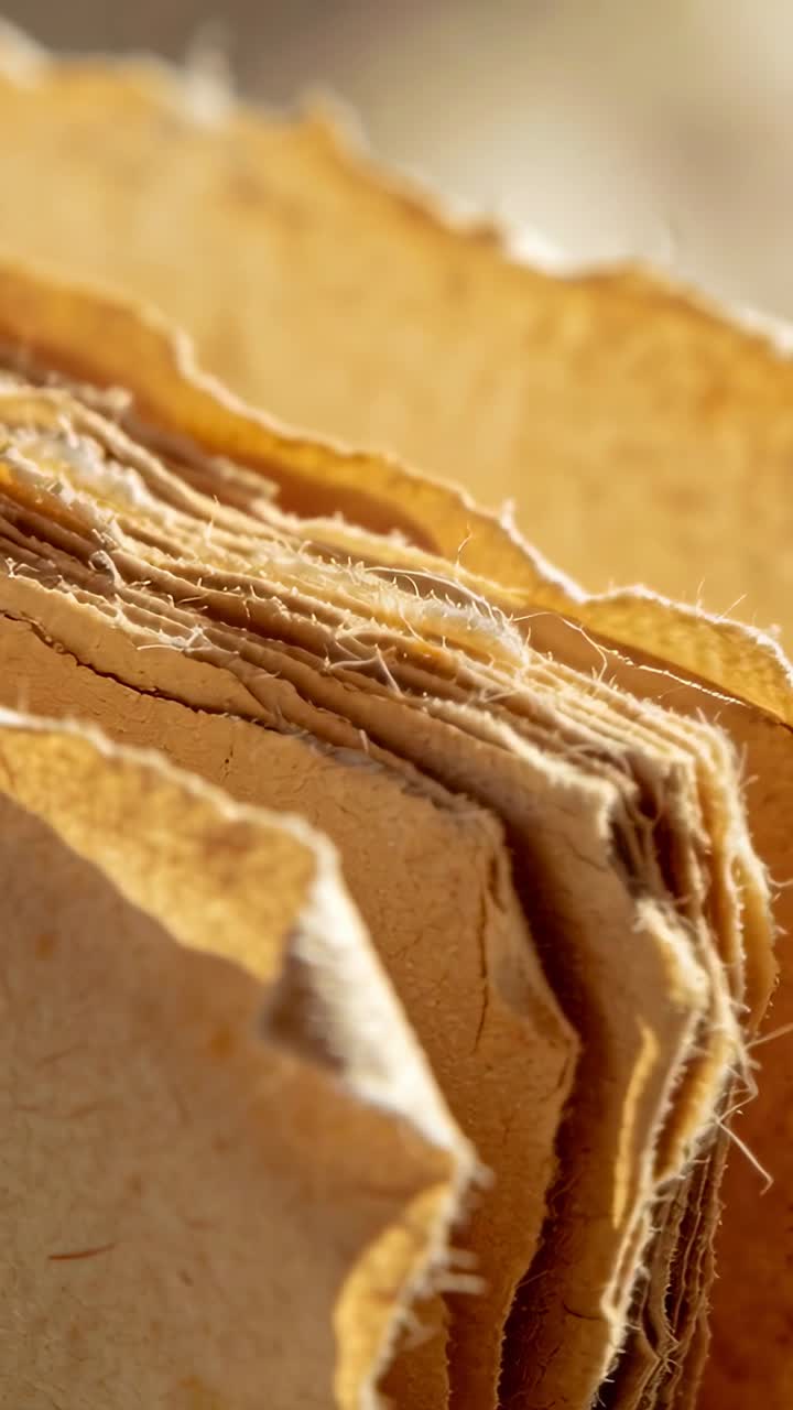 Vertical video: Shifting camera revealing handmade brown paper stack in studio to show torn edges