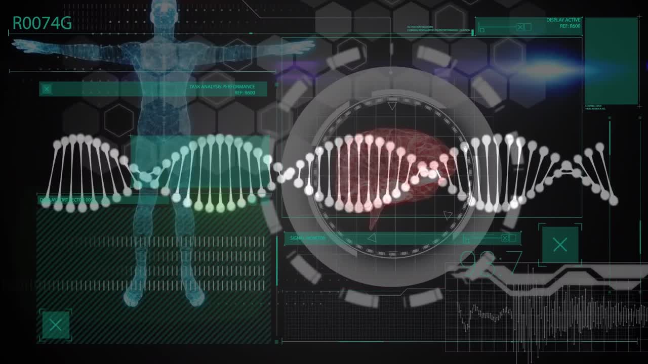 animazione del filamento di dna, rete di connessione e elaborazione dei dati su scala.