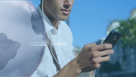 animation of data processing and globe over man using smartphone