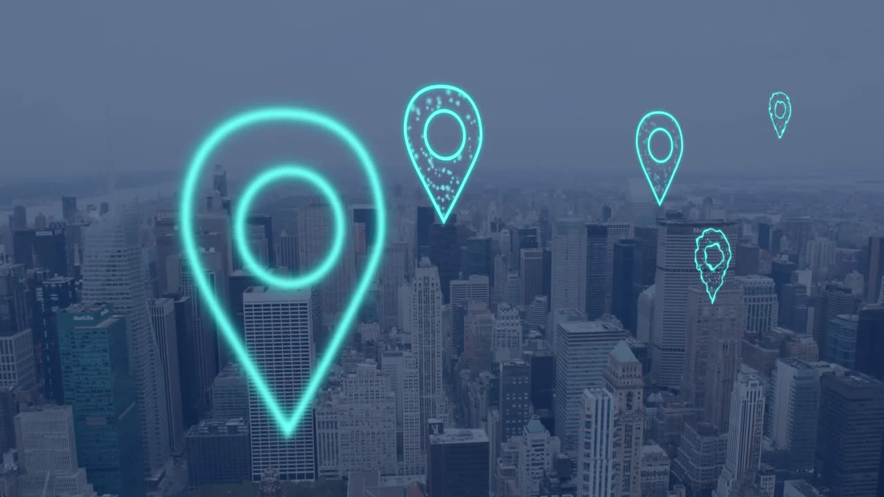 animación de iconos de ubicación digital que vuelan sobre el paisaje urbano
