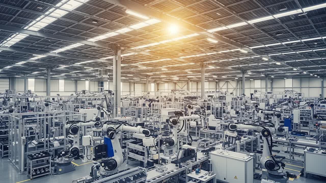近代的な産業環境における、高度なロボット自動化と革新的な組み立てソリューションを紹介する広大な製造フロア
