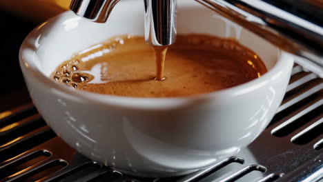 close-up of espresso being brewed into a white cup