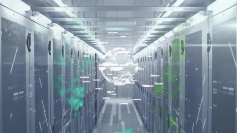 animation of globe with network of connections over computer servers