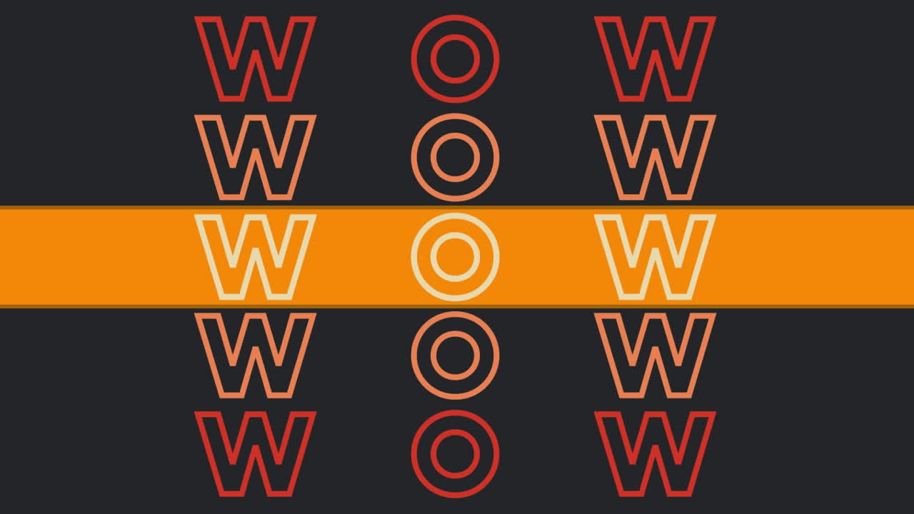 animación del texto wow en rojo y naranja, con rayas naranjas y destellos de color sobre fondo oscuro