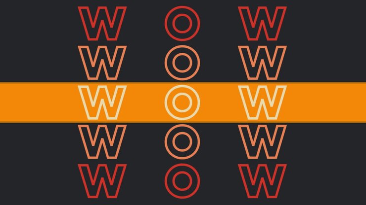 Animazione del testo "wow" in rosso e arancione, con una striscia arancione e lampi di colore su sfondo scuro