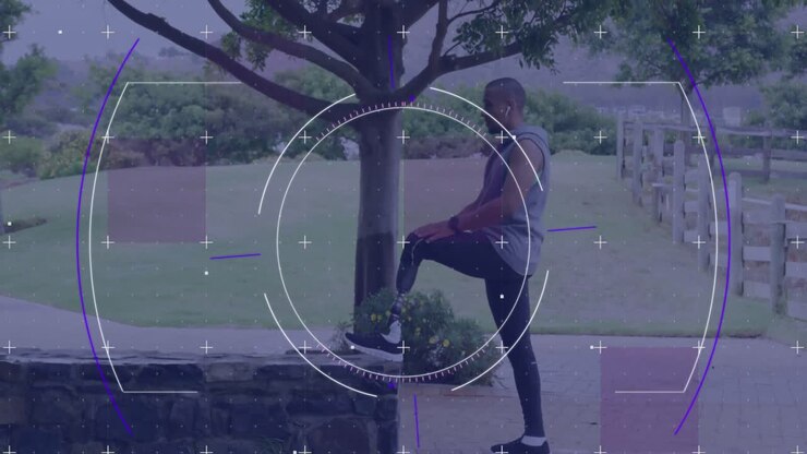 Animation of circular scope processing over male athlete with prosthetic leg exercising outdoors
