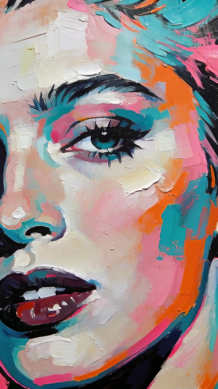 Vertical video: Panning camera across painted face on wall, showing right eye and earring, impasto