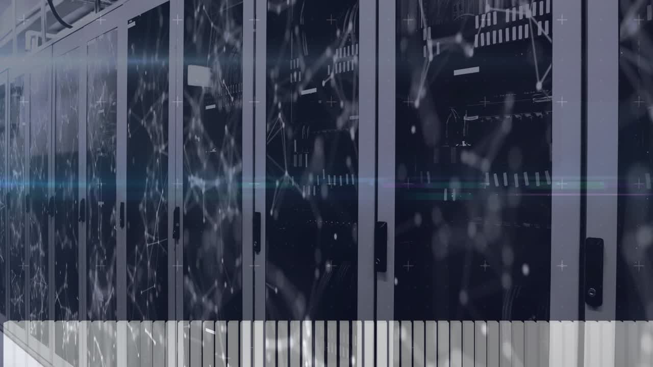 Incoming data stream starting, server racks showing rising bars, sliding waveform visualizing load