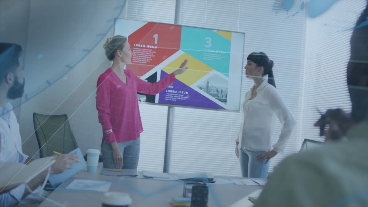 Presenter pointing red 1 starting animated cues on 3-part infographic for business alignment