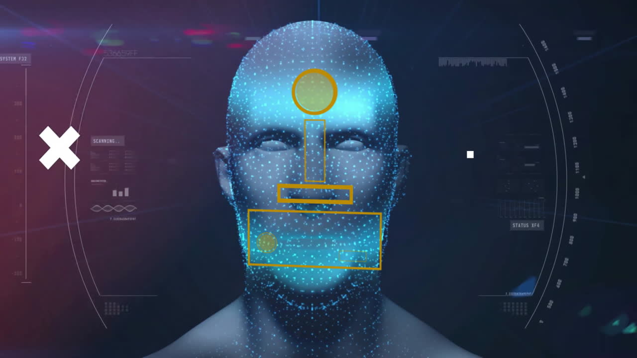 Animation of digital human head with geometric shapes in school setting