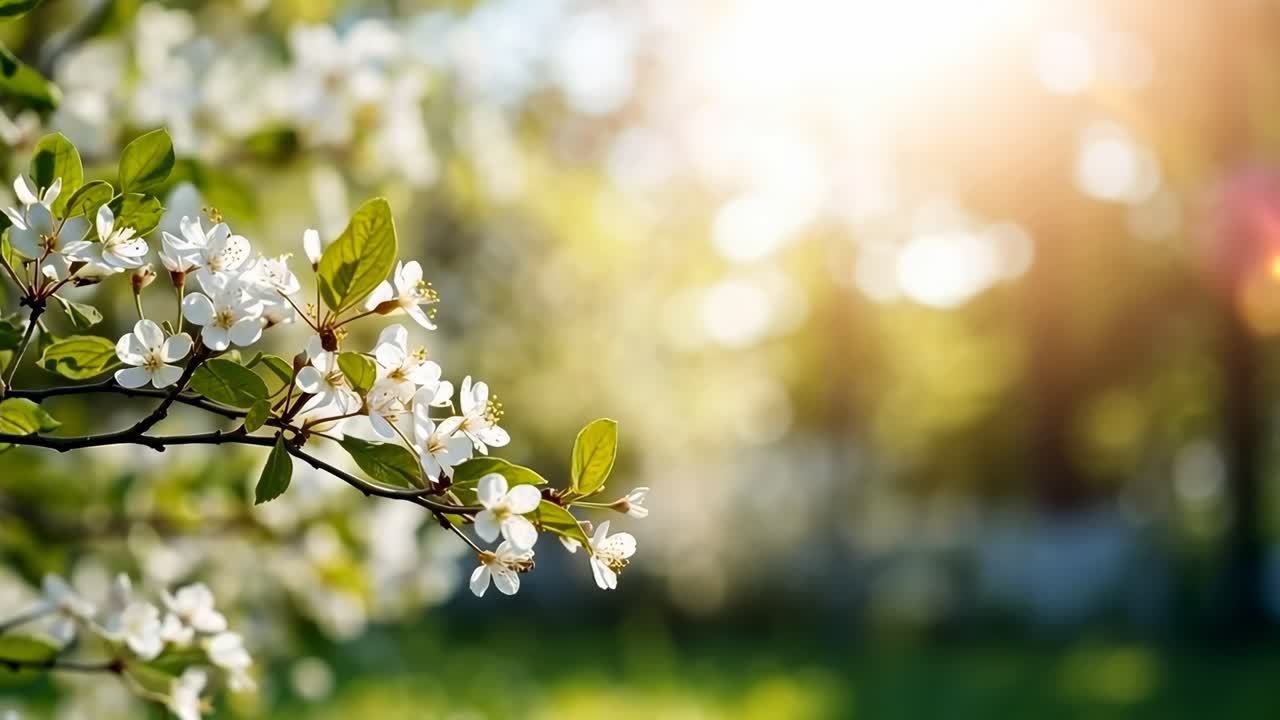 Close-up video of blooming white flowers on a branch, captured at a low angle with sunlight