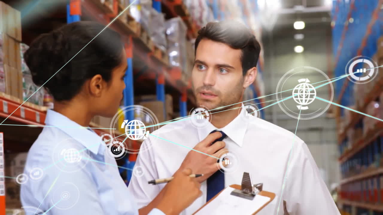 Animation of network of connections with icons over diverse people working in warehouse