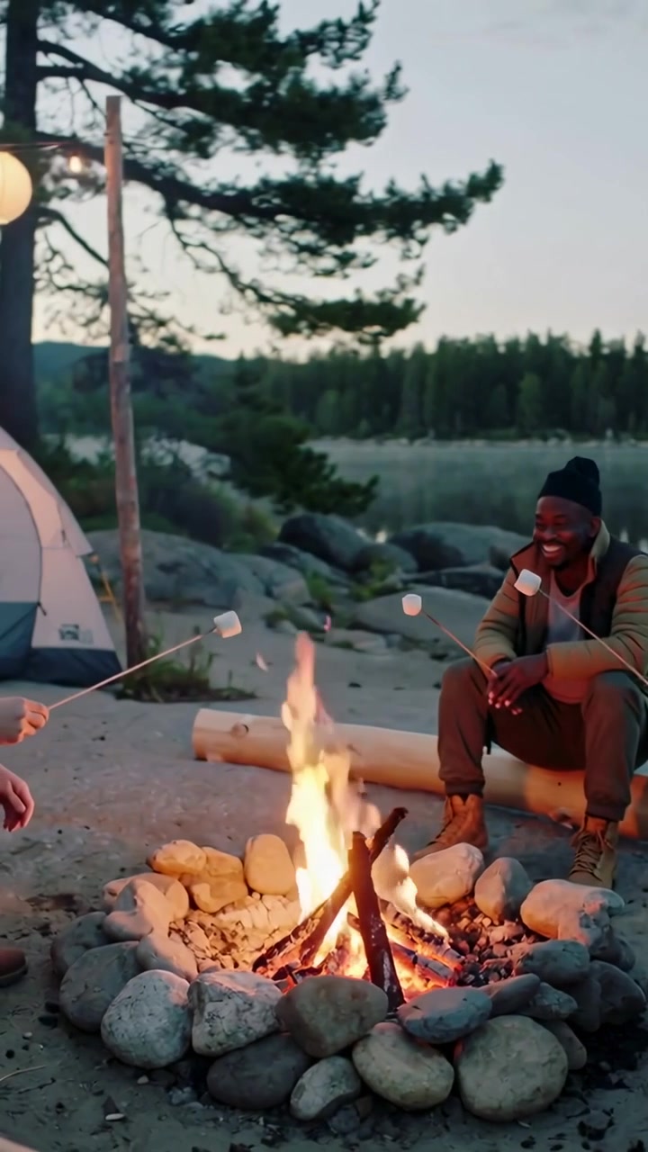 Vertical video: Crackling fire urging man in hat laughing roasting marshmallow by lake, copy space