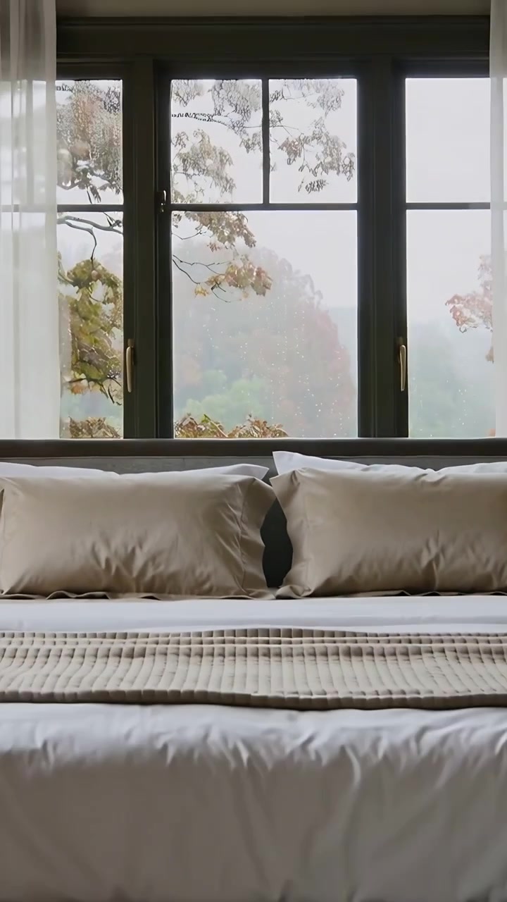 Vertical video: Pulling back camera revealing bed with beige pillows at rainy window, showing hills