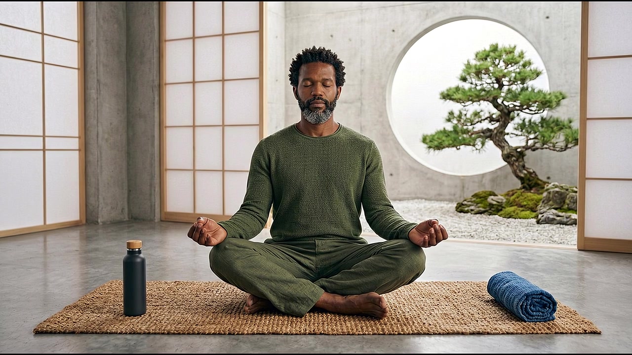Sakin ve odaklanmış bir duruşla içeride meditasyon yapan yoga uygulayıcısı.
