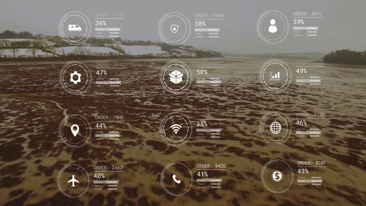 animación de la red de iconos y procesamiento de datos sobre el paisaje