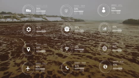 Animation-of-network-of-icons-and-data-processing-over-landscape