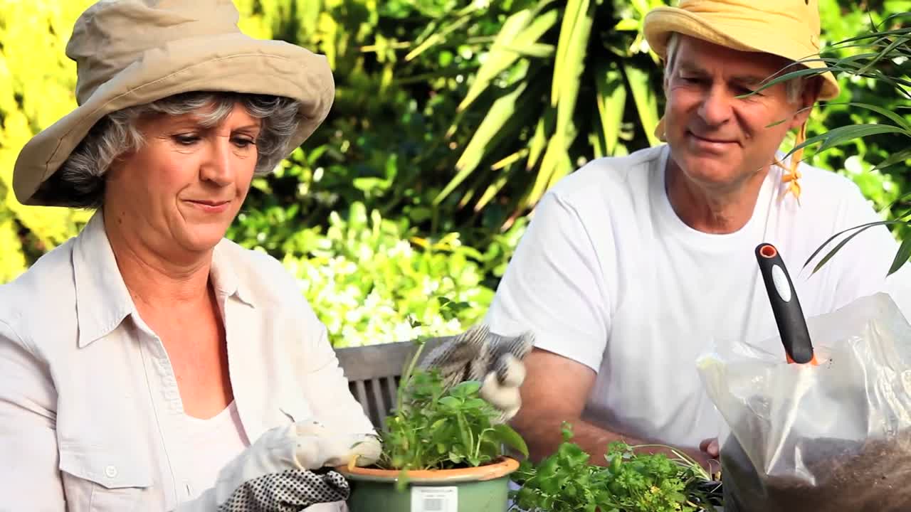 성숙 한 여자 는 남편 과 함께 정원 에서 비 를 짓는다