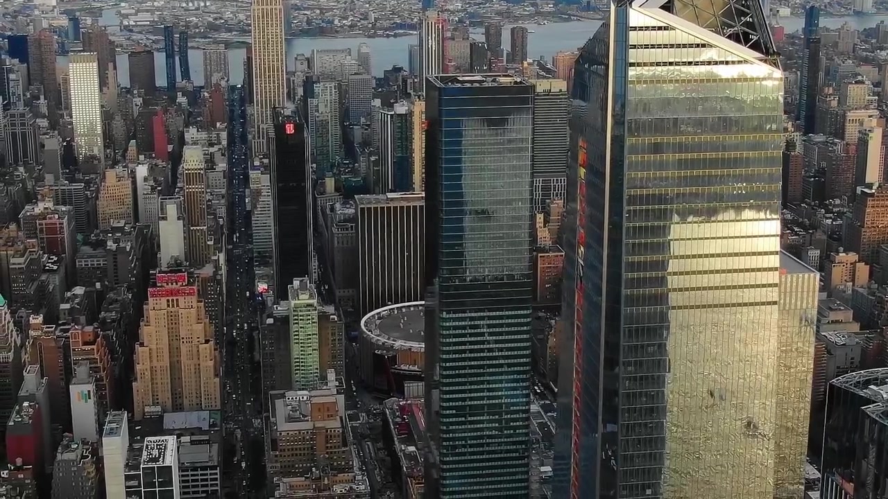 高層ビルと遠くに見える水面があるニューヨークのスカイラインの眺め