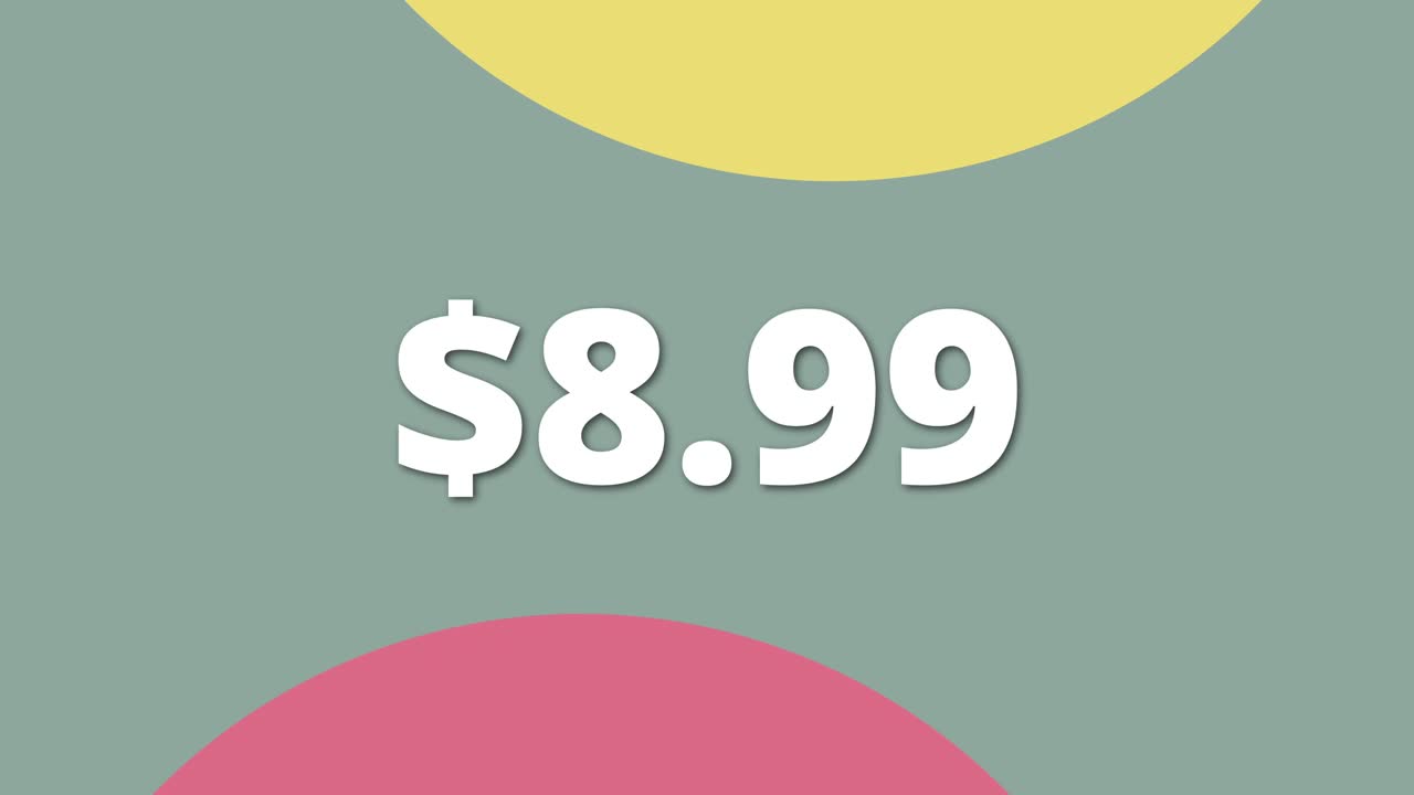 Animación digital de etiqueta de precio mostrando 8.99. Estilo claro y sencillo para uso comercial.