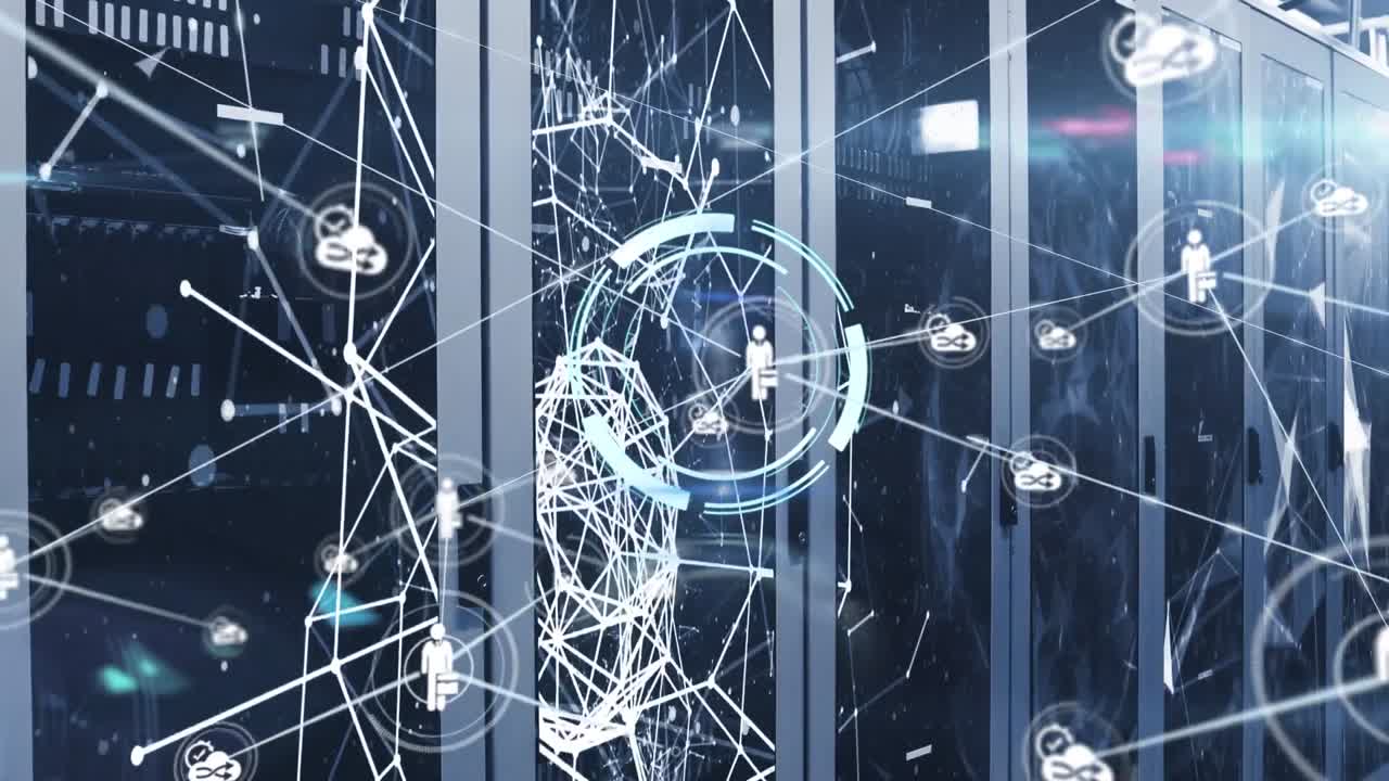 Animation of network of connection with icons over server room