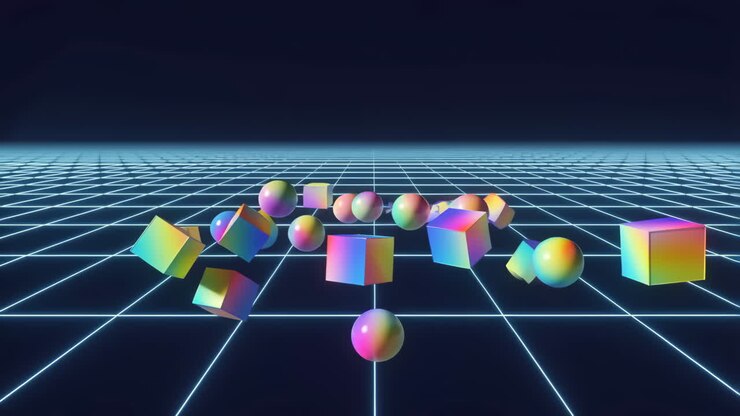 Vibrant 3D Geometric Shapes on a Retro-Futuristic Neon Grid