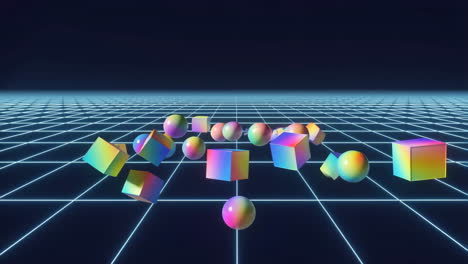 vibrant 3d geometric shapes on a retro-futuristic neon grid