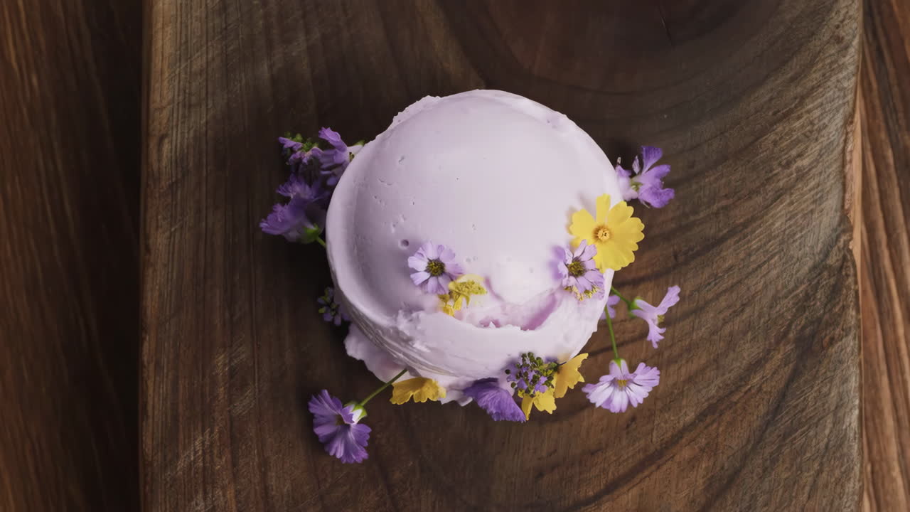 Aesthetic Lavender Ice Cream Scoop with Flowers on Wooden Surface