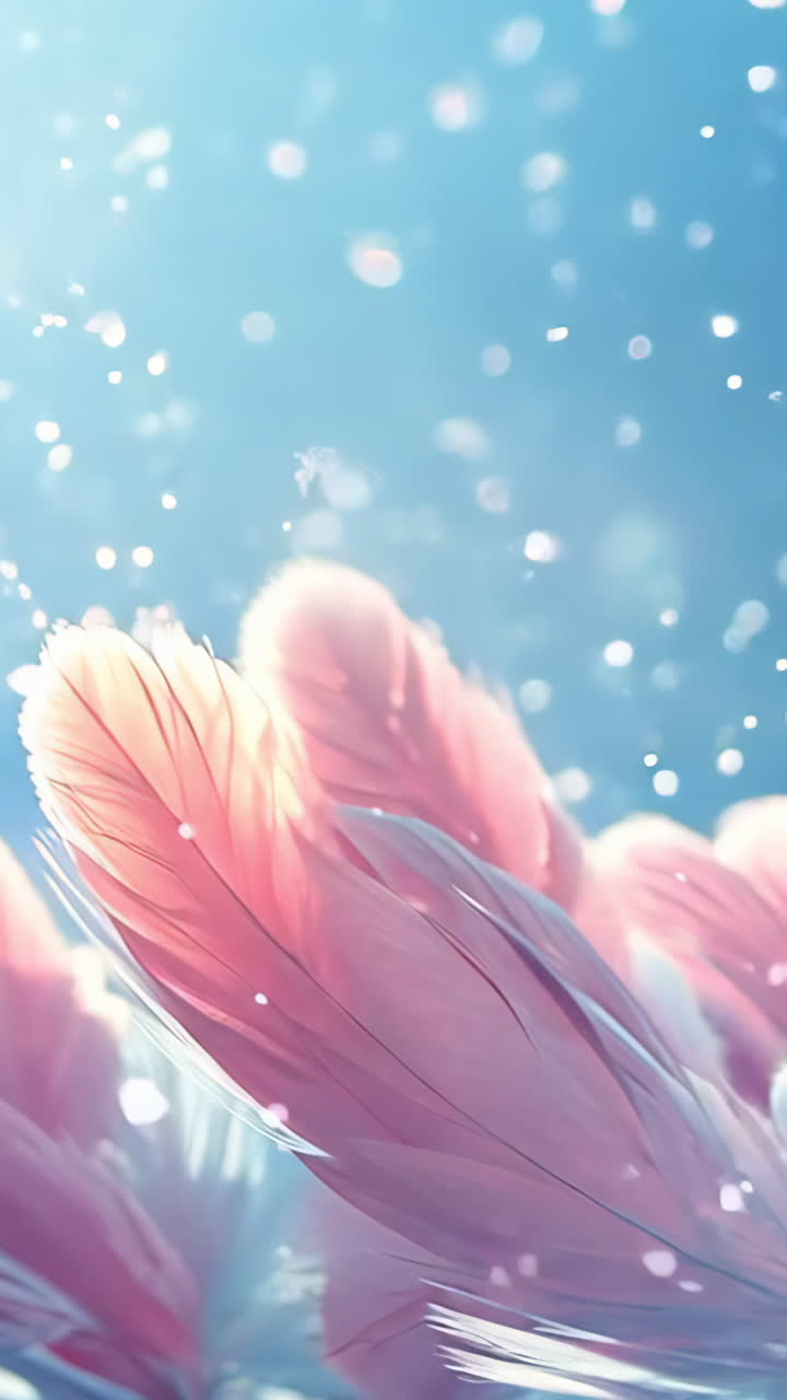 A beautiful image of feathers with pink and white colors. The feathers are scattered all over the image, creating a sense of movement and freedom Vertical video