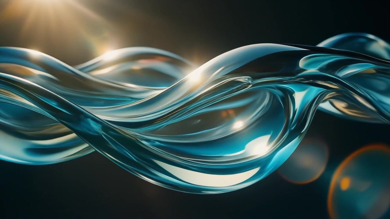 Abstract Flowing Liquid Glass Waves with Golden Light Reflections