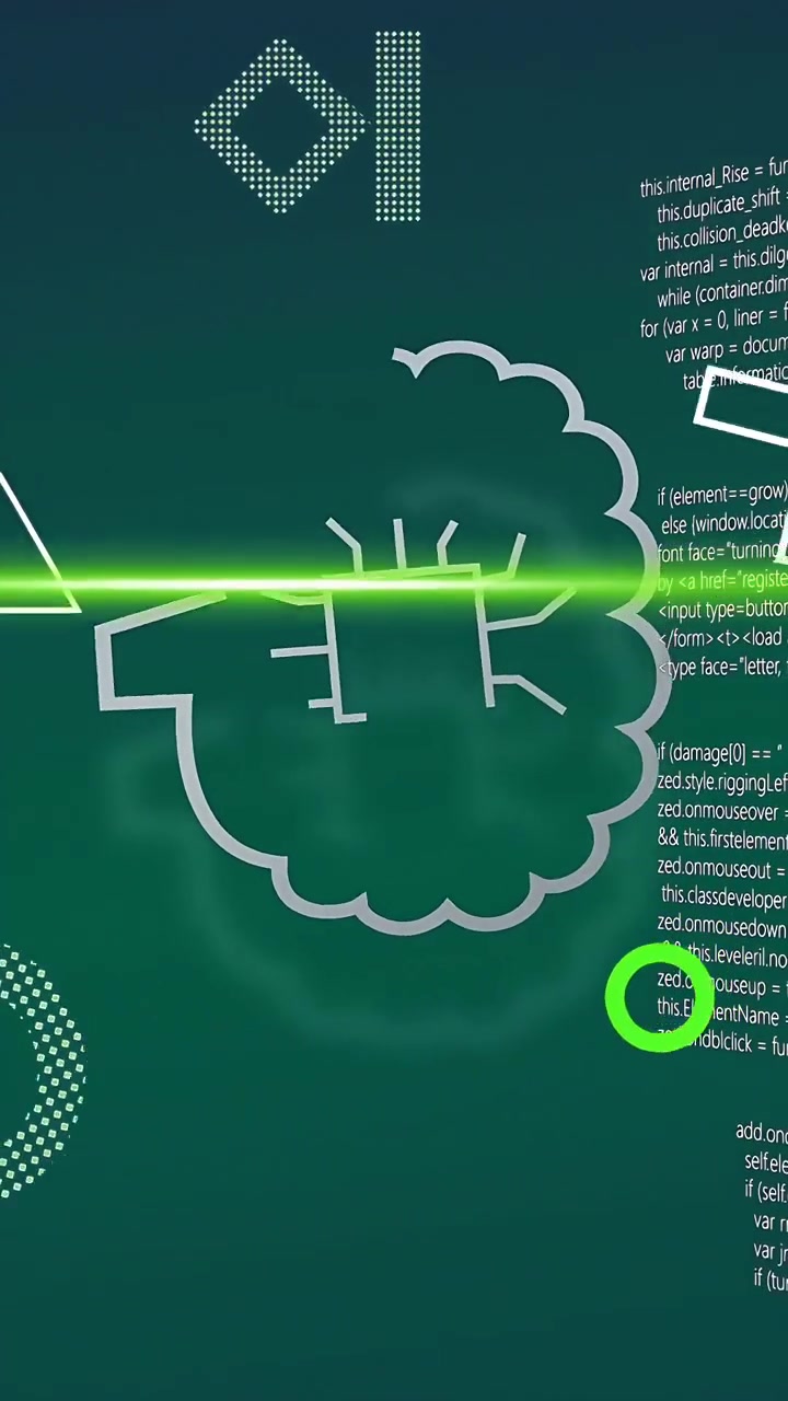 Vertical video: Neon beams crossing centering AI cloud chip making icons orbiting showing network