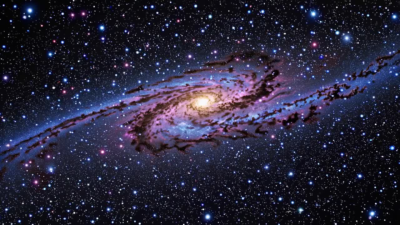 A wide-angle video captures a spiral galaxy in vivid colors, showcasing cosmic beauty and vastness