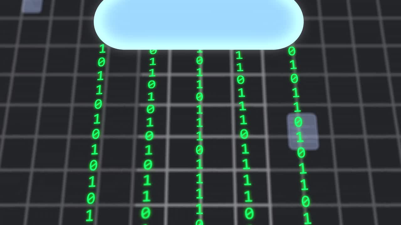 Animation of cloud icon and digital screens over binary coding