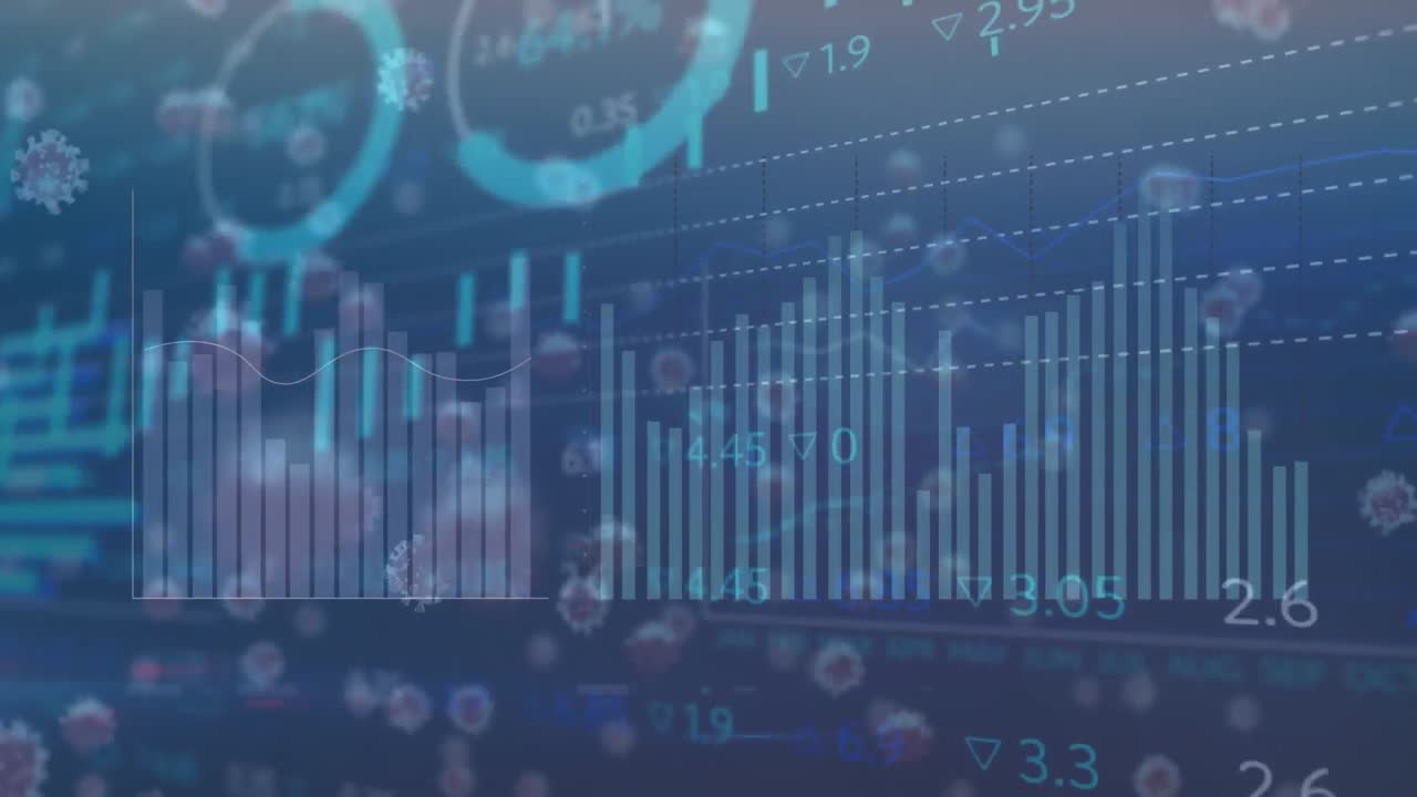 animación de procesamiento de datos estadísticos y células de covid-19 flotando contra un fondo azul.
