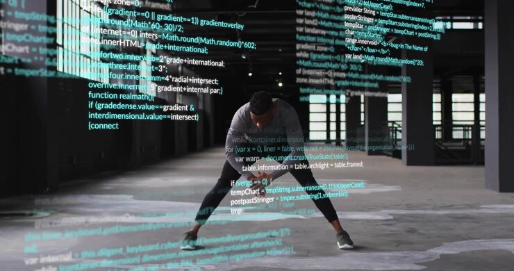 Man starting fitness warmup, doing bends and ankle reaches in loft, teal code scrolling obscuring