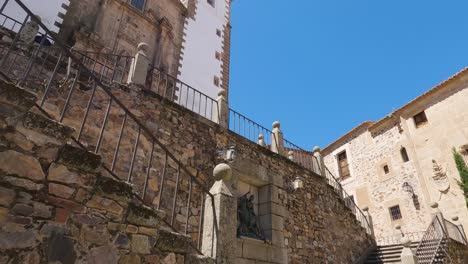 Down-View-from-Church-staircase-of-San-Francisco-Javier,-Cáceres,-Spain