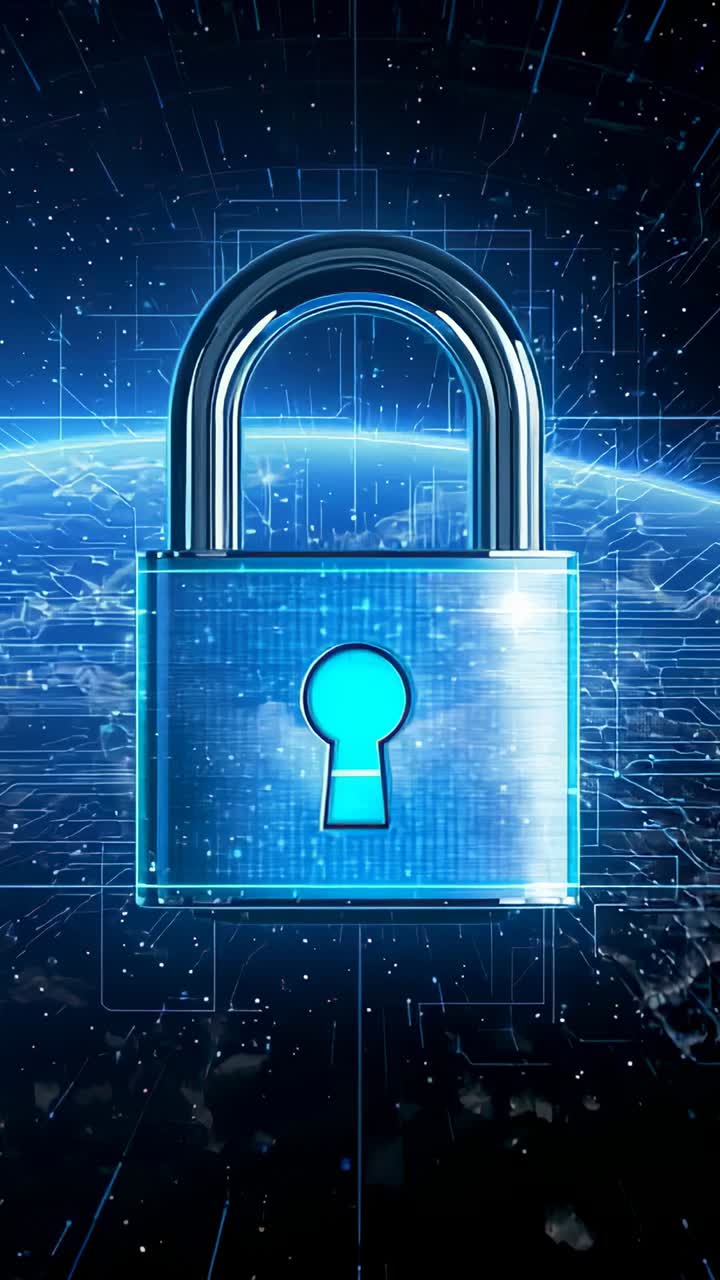 Vertical video: Pulsing metal padlock rising from space, revealing neon Earth with circuit grid